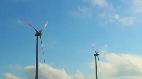 Windmills working, pure natural wind energy, blowing strong day, click for HD Stock Footage 43883718