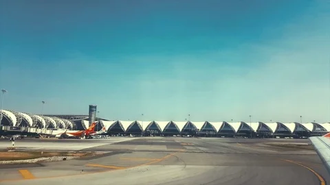 Windor view After Air Planes landing at thailand airport Stock Footage 74956808