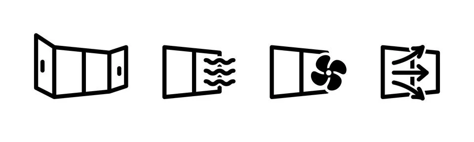 Window air ventilation icon set. Wind circulation symbol. Open window sign... Stock Illustration