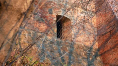 Window of an ancient castle in the rays of the evening sun Видео 317191564