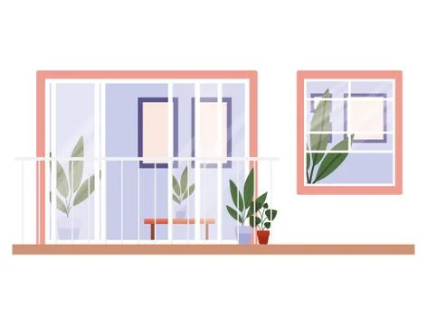 Window and balcony with interior view of plants and frames vector design イラスト素材