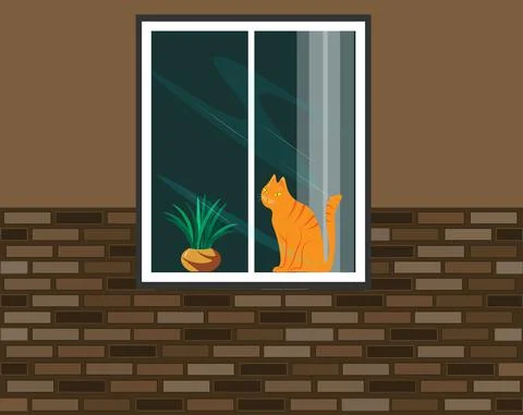 Window and a cat. The brick wall of the house in a cozy shade is pleasing to  Ilustración de archivo