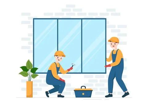 Window and Door Installation Service with Worker for Home Repair and Renova.. Stock Illustration