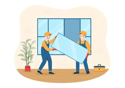 Window and Door Installation Service with Worker for Home Repair and Renova.. Stock Illustration