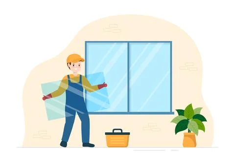 Window and Door Installation Service with Worker for Home Repair and Renova.. Stock Illustration