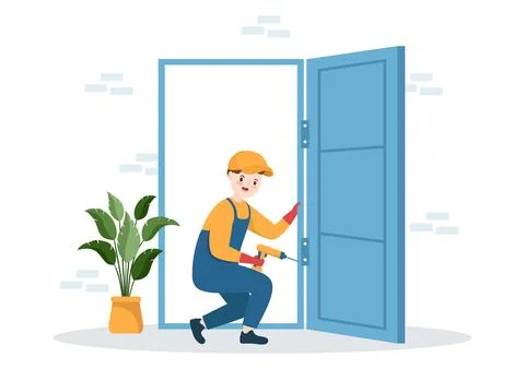 Window and Door Installation Service with Worker for Home Repair and Renova.. Stock Illustration