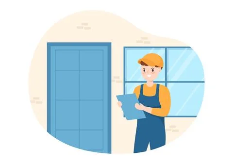 Window and Door Installation Service with Worker for Home Repair and Renova.. Stock Illustration