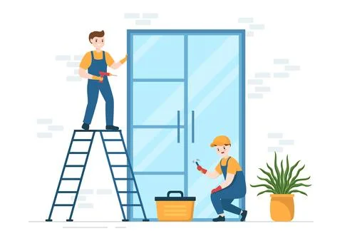 Window and Door Installation Service with Worker for Home Repair and Renova.. Stock Illustration