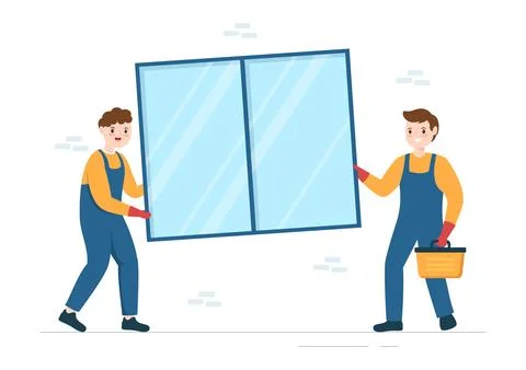 Window and Door Installation Service with Worker for Home Repair and Renova.. Stock Illustration