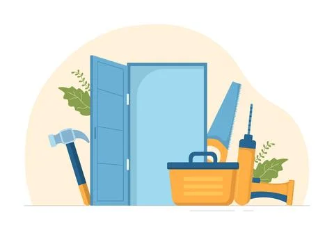 Window and Door Installation Service with Worker for Home Repair and Renova.. Stock Illustration