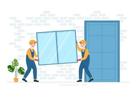 Window and Door Installation Service with Worker for Home Repair and Renova.. Stock Illustration