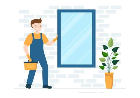 Window and Door Installation Service with Worker for Home Repair and Renova.. Stock Illustration