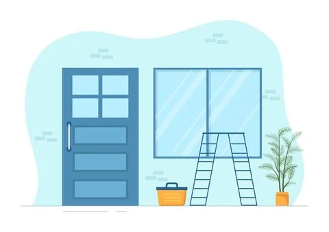 Window and Door Installation Service with Worker for Home Repair and Renova.. Stock Illustration