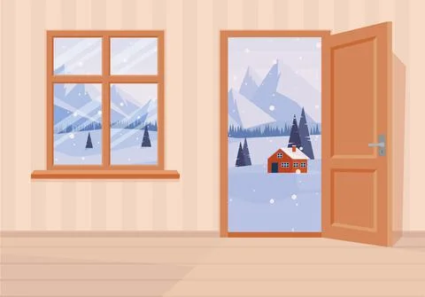 Window and doors into winter landscape. Flat cartoon style vector illustratio Stock Illustration