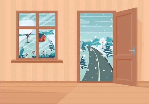 Window and doors into winter landscape. Flat cartoon style vector illustratio Stock Illustration