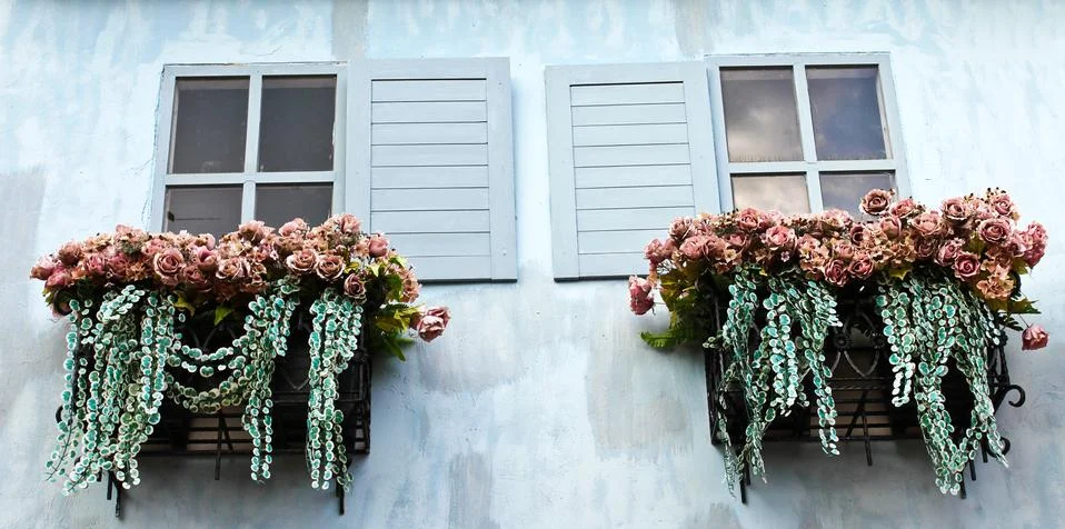 Window and flower box Stock Photos
