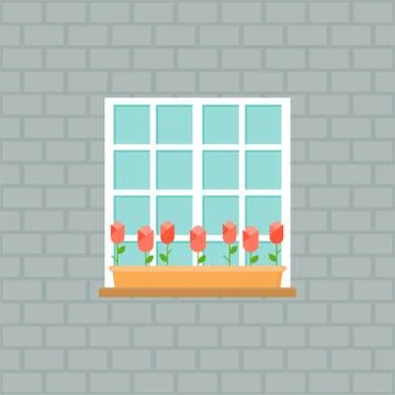 Window and flower pot on brick wall illustration, flat design Stock Illustration