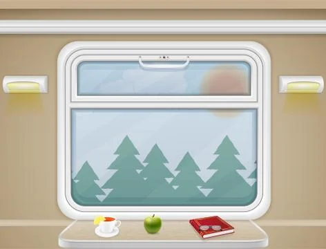 Window and table in the train compartment vector Illustrazione stock