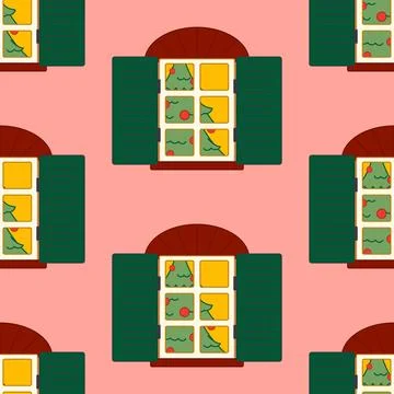 Window and Xmas Tree Seamless Pattern Illustrazione stock