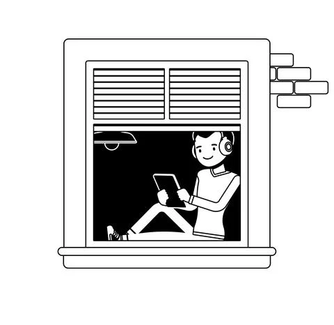 Window and a young man sitting behind with tablet. Stockillustratie
