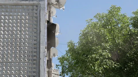 The window of an apartment building from which smoke comes out. Side view. Fire Stock Footage 144778713