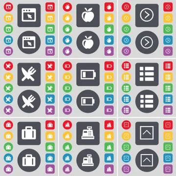 Window, Apple, Arrow right, Fork and knife, Battery, List, Suitcase, Cash regist Stock Illustration