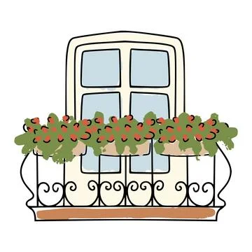 Window balcony with flowers decorating building facade Stock Illustration