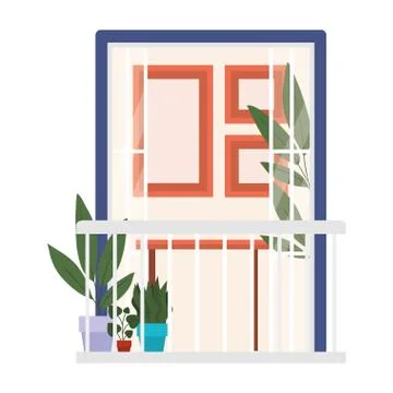 Window balcony with interior view of plants and frames vector design Illustrazione stock