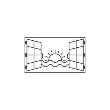 Window with beach view, shore, sunset. Vector outline icon illustration Stock Illustration