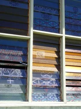 Window blinds painted by Tolai clan in PNG , Vunapope Stock Photos
