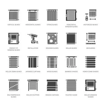 Window blinds, shades vector glyph icons. Various room darkening decoration 스톡 일러스트