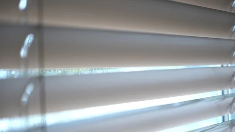 Window blinds slowly turn around and open the view behind the glass. Video stock 106219184