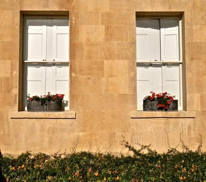 Window boxes with red flowers. Foto stock
