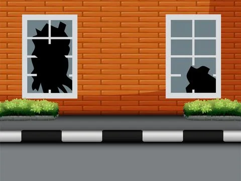 Window with broken glass on red brick wall Ilustración de archivo