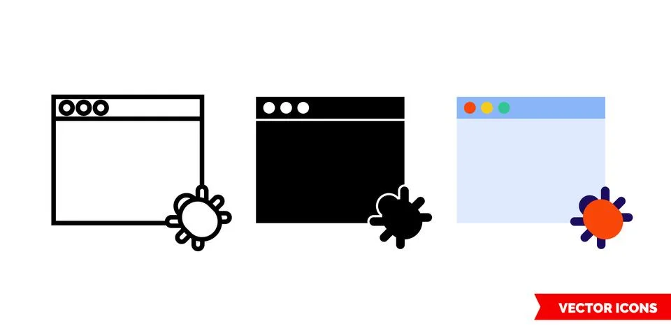 Window bug icon of 3 types. Isolated vector sign symbol. Illustrazione stock