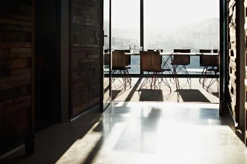 Window, business and empty room of boardroom in office for conference, hall.. Stock Photos
