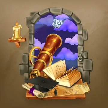 Window in the castle, magic and astrology vector illustration Stock Illustration