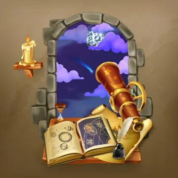Window in the castle, magic and astrology vector illustration Stock Illustration