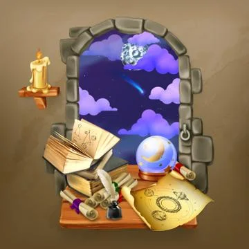 Window in the castle, magic and astrology vector illustration Stock Illustration