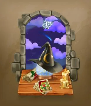 Window in the castle, magic and astrology vector illustration Stock Illustration