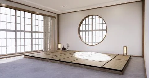 Window Circle on wall design on empty  Living room japanese. 3D rendering Stock Illustration