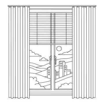 Window with city view through blinds and curtains at night nighttime Ilustración de archivo