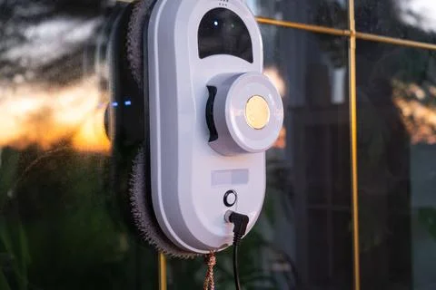 A window cleaner robot cleans windows in a house from the outside. Cleaning.. Foto stock