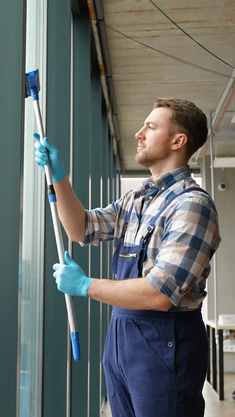 Window cleaner spraying and cleaning a large glass surface Stock Footage 314575391