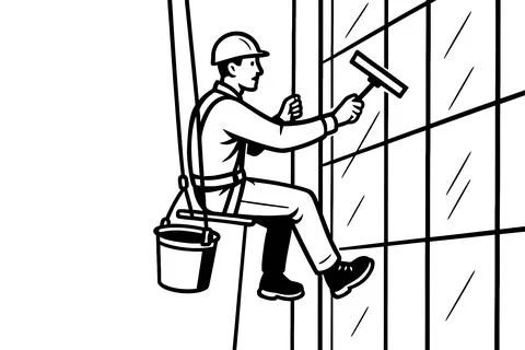 Window cleaner suspended on a platform washing skyscraper windows Ilustración de archivo