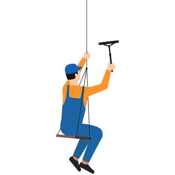 Window cleaner in uniform hangs with a tool in his hand Ilustración de archivo