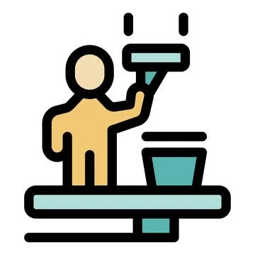 Window cleaner using squeegee and bucket on platform イラスト素材