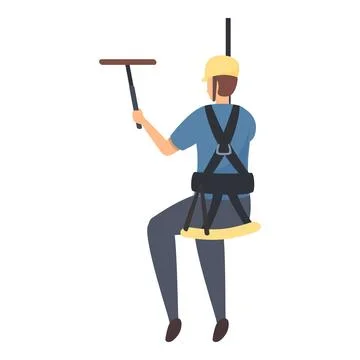Window cleaner using squeegee while hanging from safety harness Ilustración de archivo