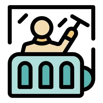 Window cleaner using squeegee while standing on suspended platform イラスト素材