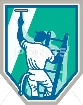 Window cleaner worker shield retro Stock Illustration